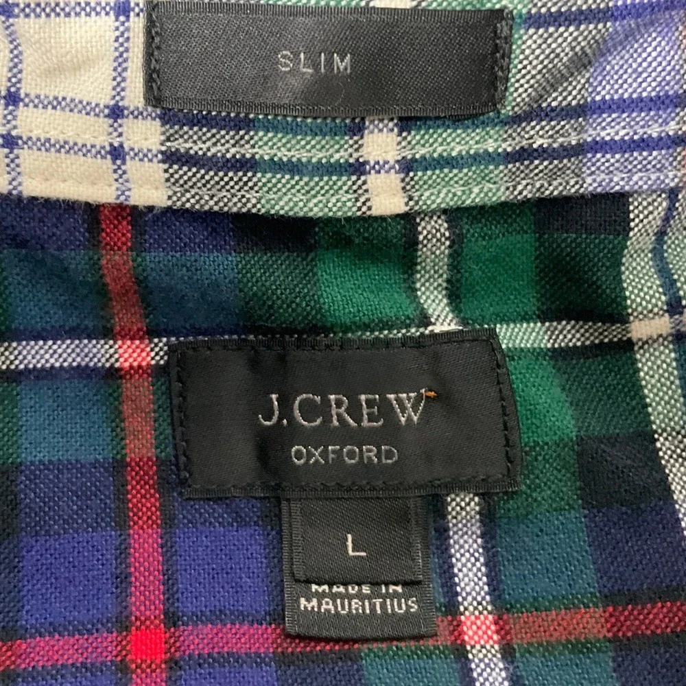 J.Crew Oxford Shirt Mens Sz L Green Cotton Slim Fit Tartan Plaid Button Down - Picture 3 of 8